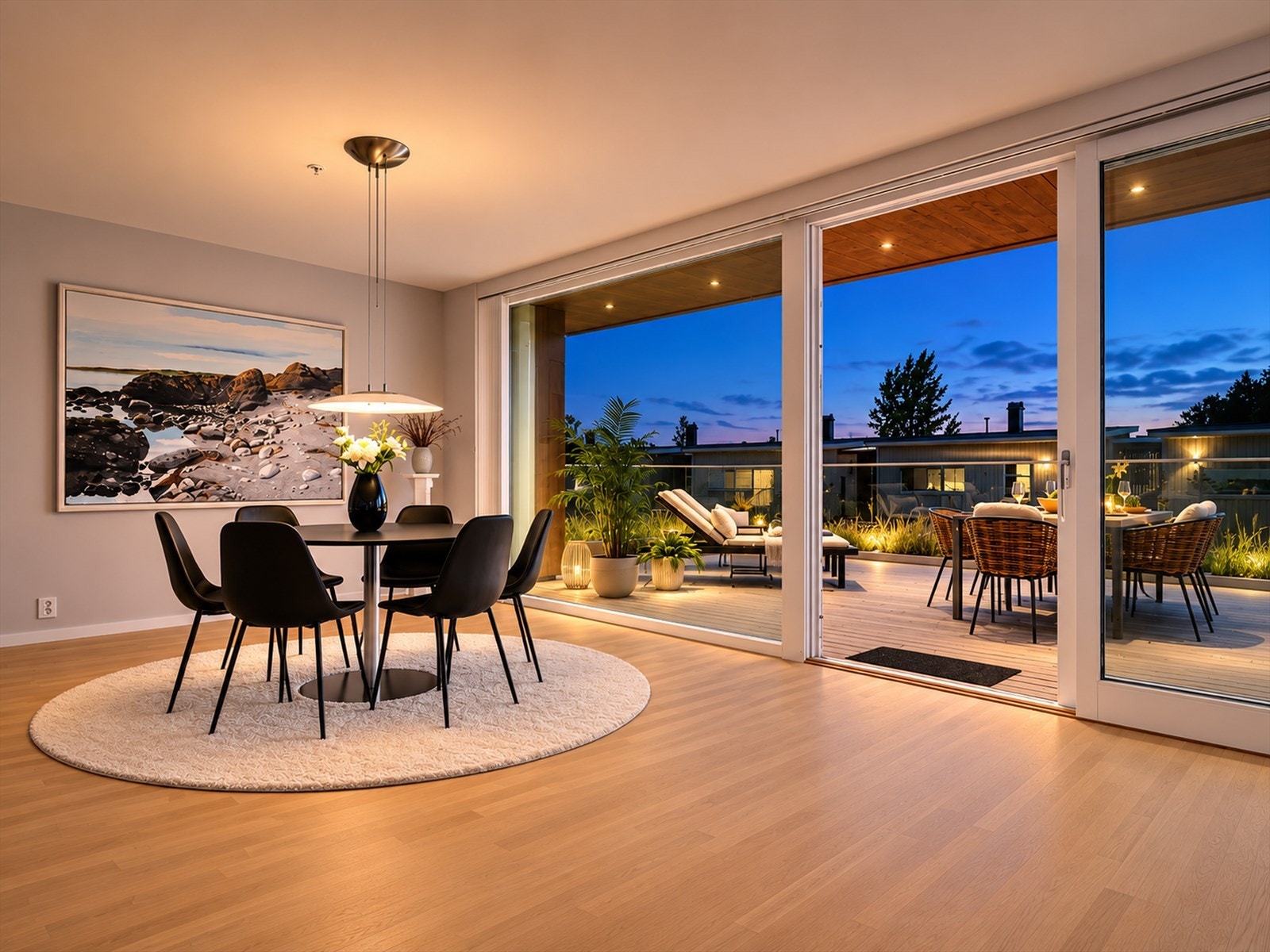Stemningsfull overgang mellom inne og ute hvor den lune belysningen møter den blå kvelds himmelen - perfekt ramme for lange, gode sommerkvelder. Galleribilde