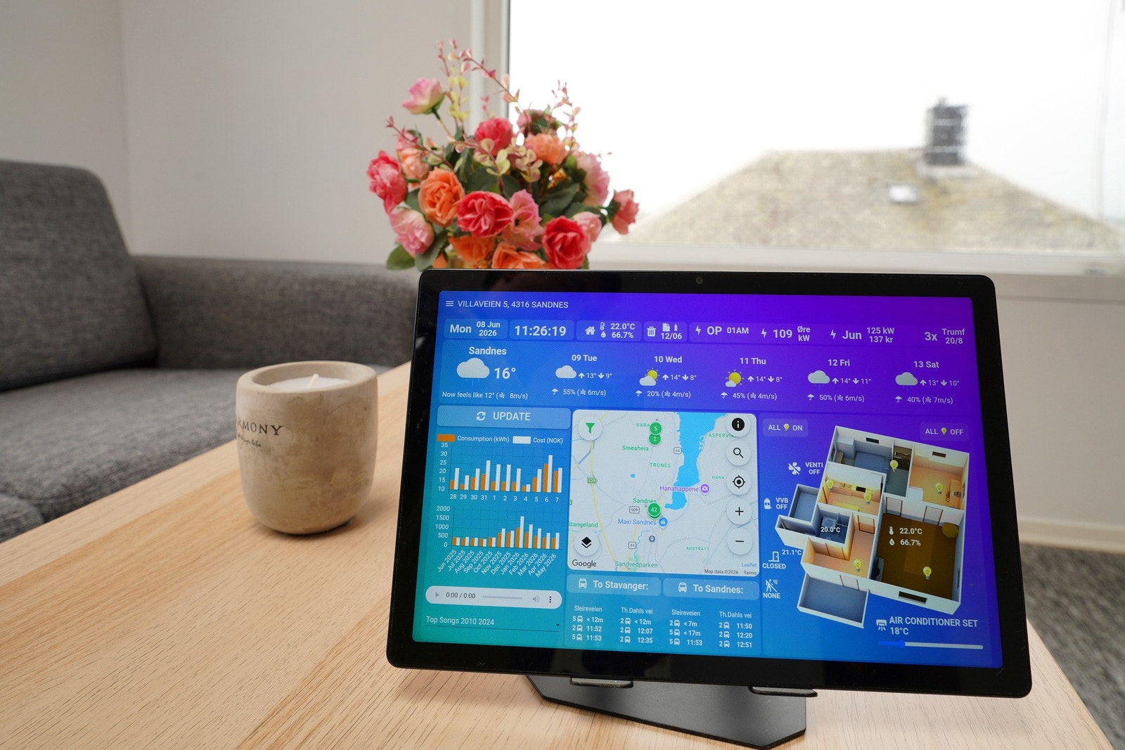 Leiligheten er utstyrt med Home Assistant (smarthusløsning). Galleribilde