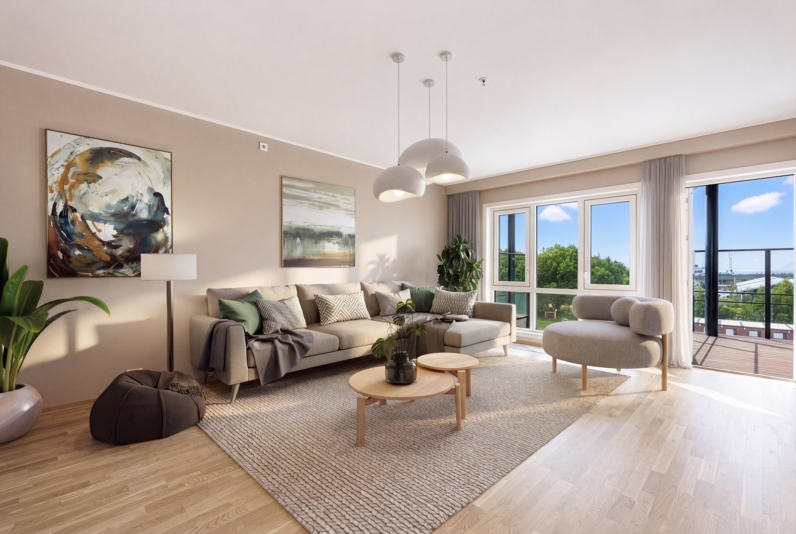 Stuen har god plass til sofagruppe og utgang til en av leilighetens to balkonger. Boligen varmes opp med vannbåren fjernvarme. (Digital stylet kun en illustrasjon). Galleribilde