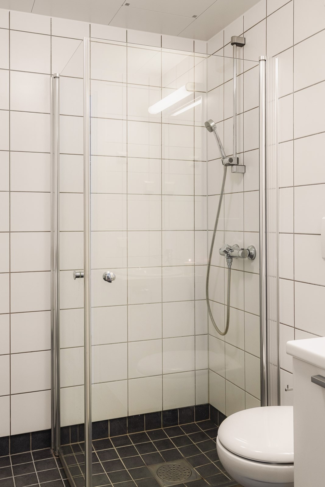 Badet har en dusjsone utført med glassvegger som gir en luftig romfølelse og bidrar til å bevare det åpne uttrykket. Galleribilde