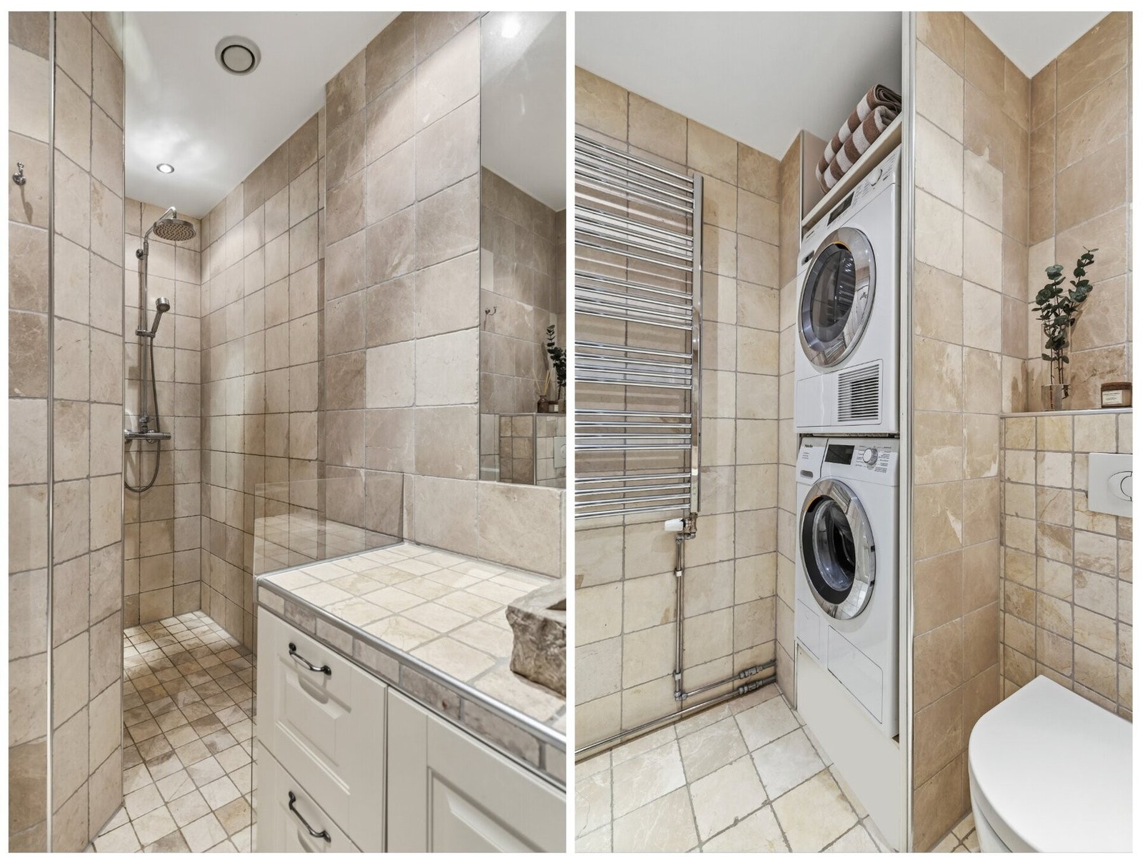 Badet har naturlig ventilasjon, og det er opplegg for både vaskemaskin og tørketrommel i nisje. Galleribilde