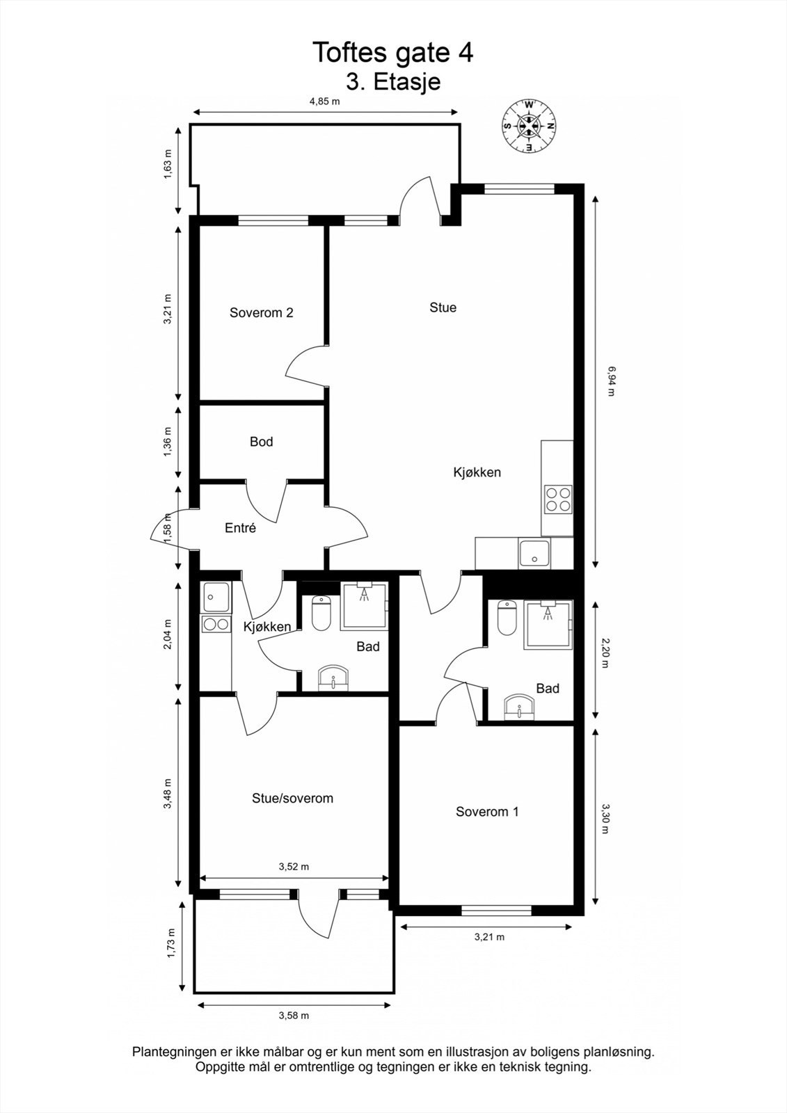 Plantegning 3. etasje. I tillegg disponerer leiligheten en kjellerbod på ca. 5m², samt en privat garasjeplass med elbil-lader i felles garasjekjeller. Heis i bygget. Galleribilde