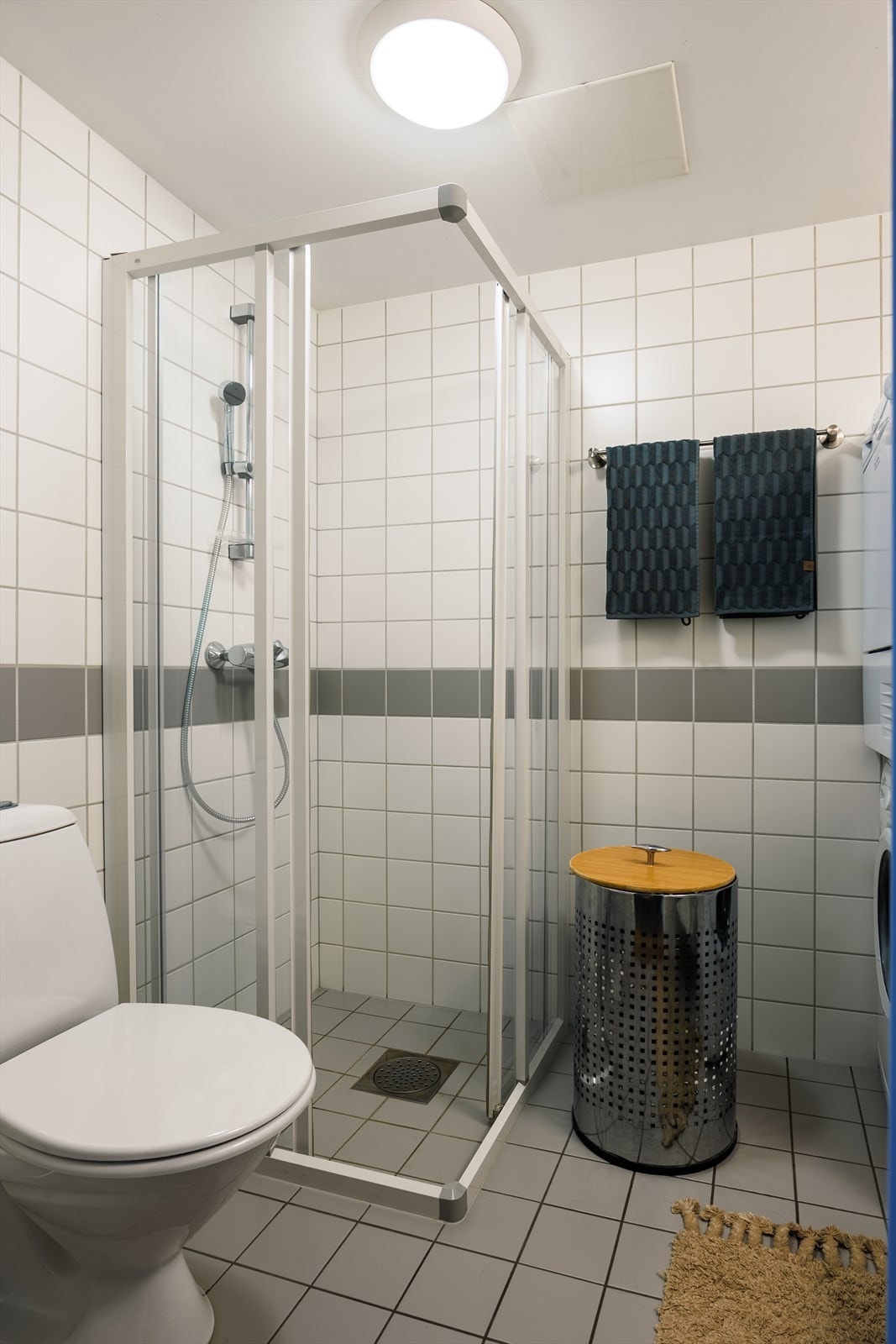 Badet er praktisk innredet med gulvstående toalett og dusjhjørne. Galleribilde