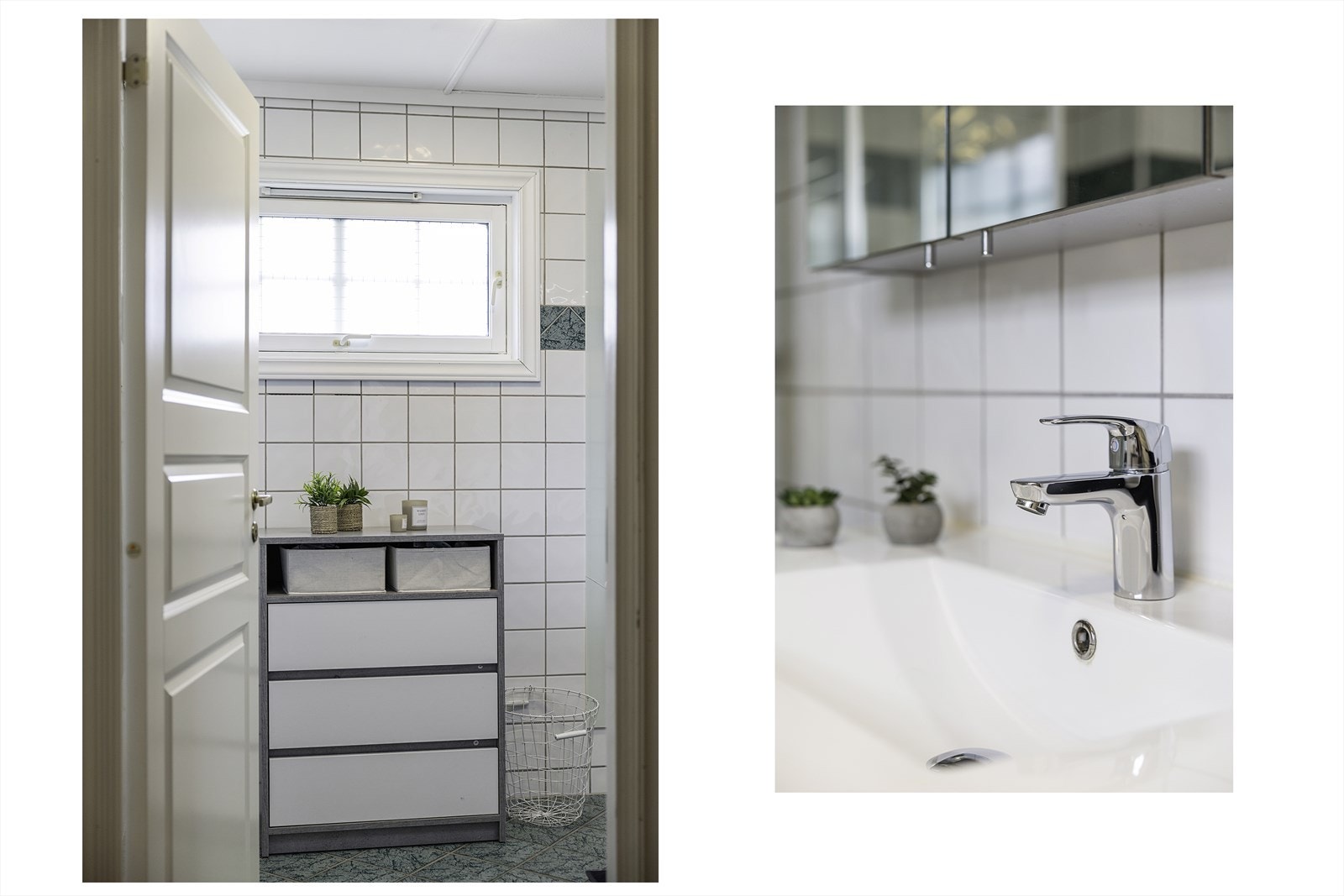 Detaljer fra badet, som har innredning med nedfelt servant. Galleribilde
