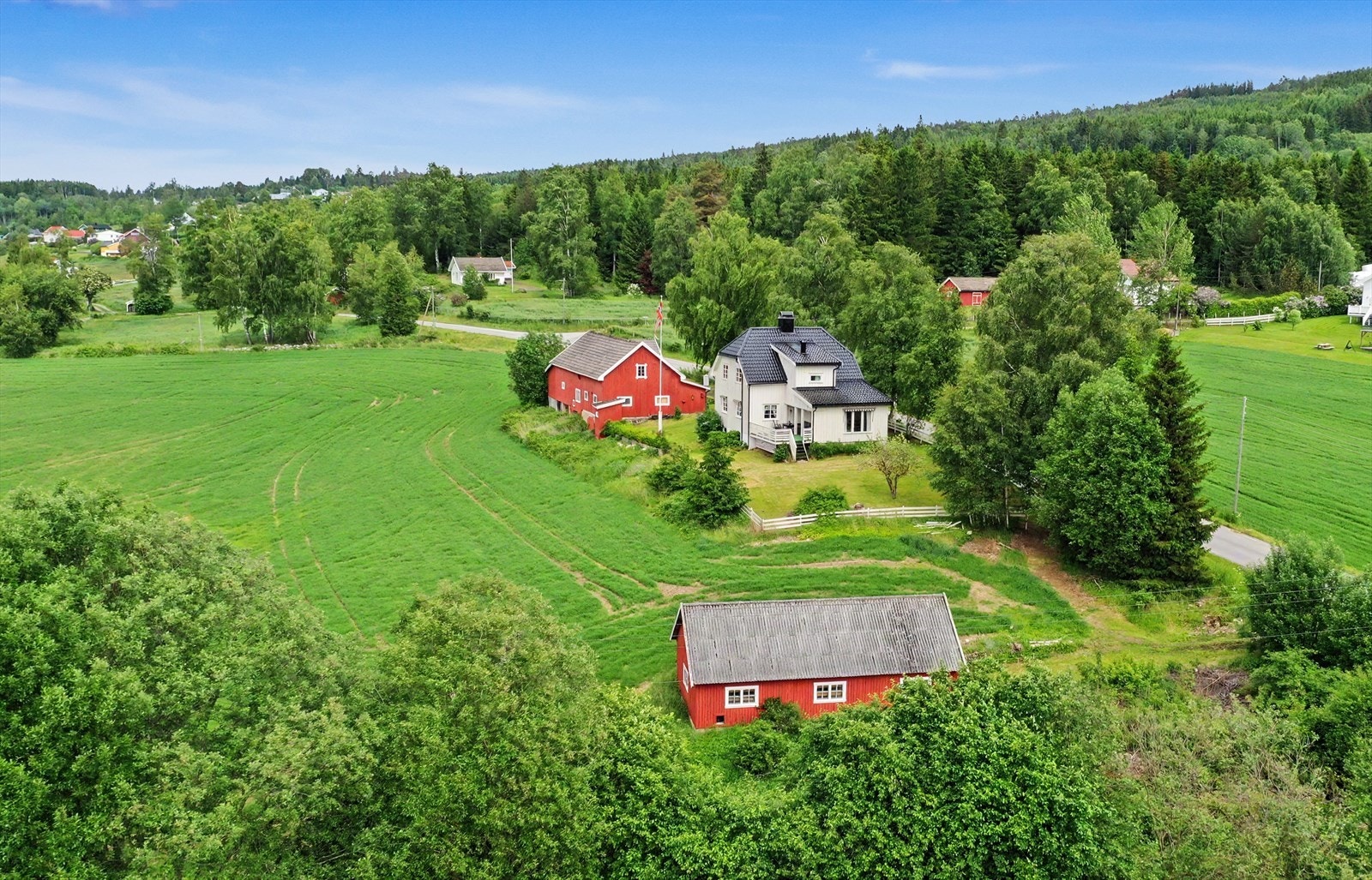 Oversikt over eiendommen med våningshus, låve og redskapsbod. Galleribilde