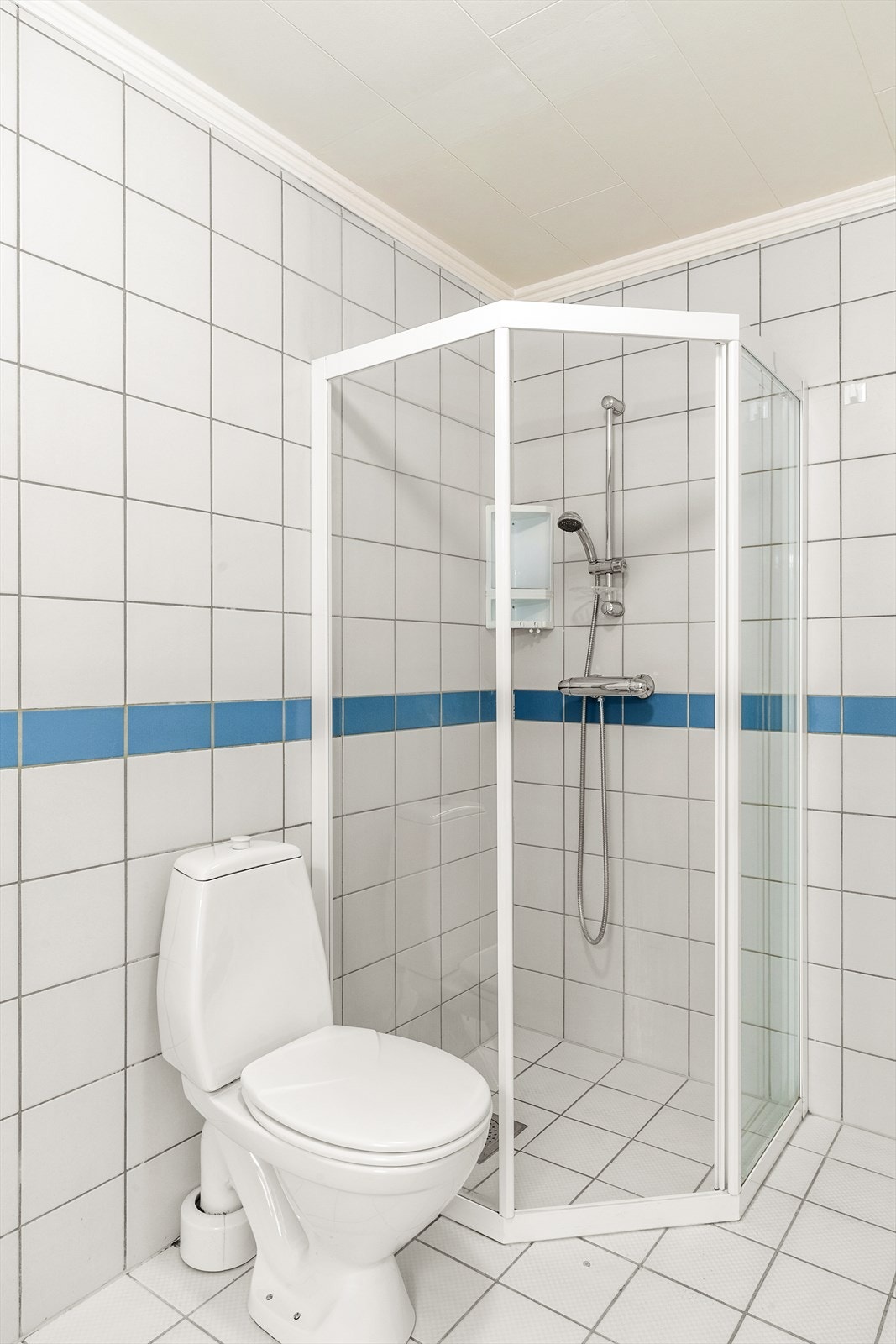Badet har fliser på gulv og vegger, og er utstyrt med dusjhjørne og toalett. Galleribilde