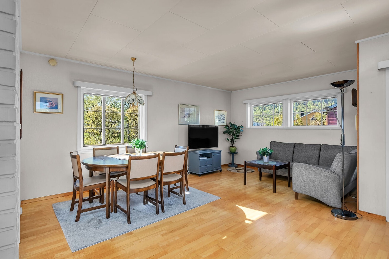 Stuen har god plass til både sofagruppe og spisebord. Galleribilde