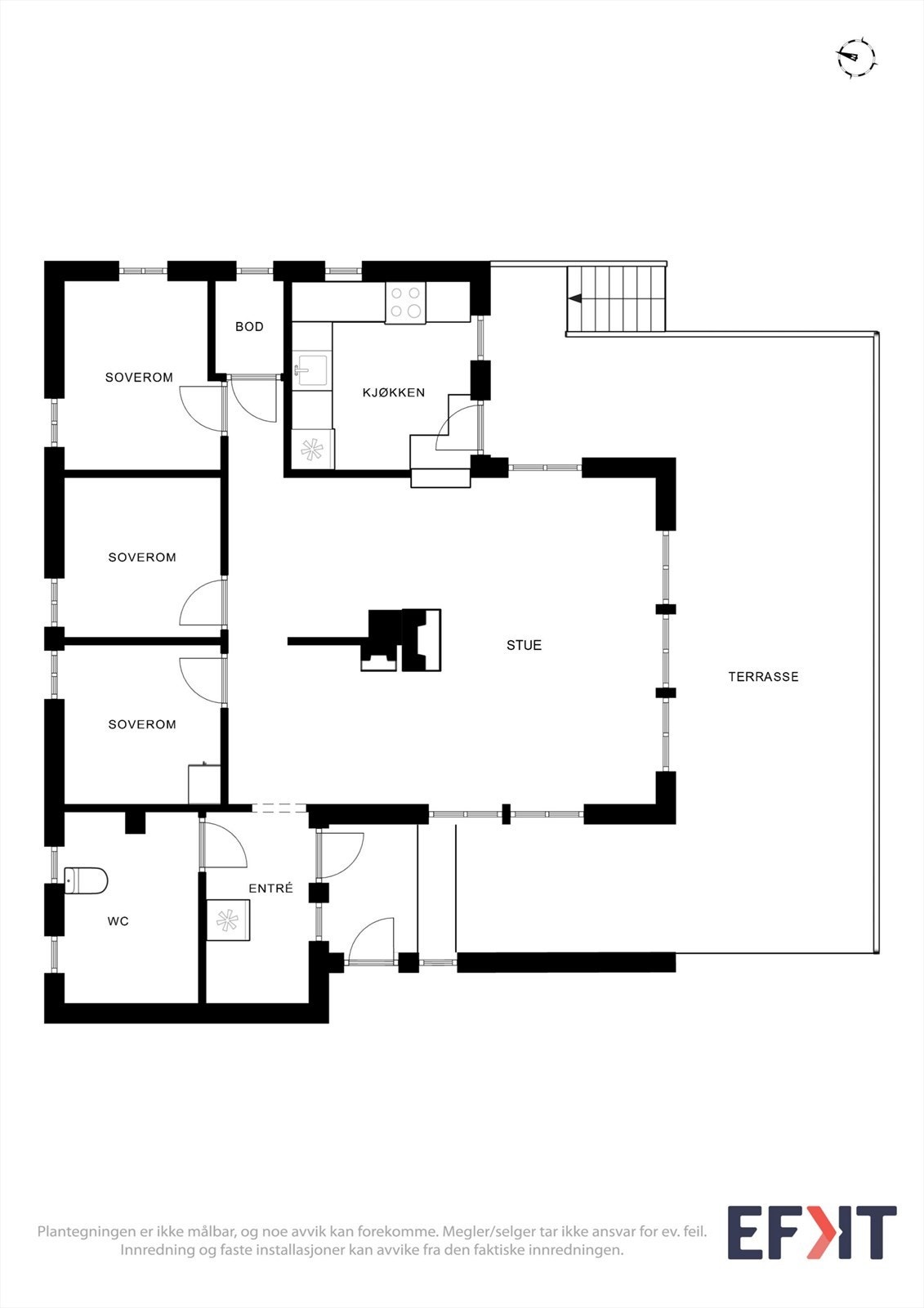 Hytta er bygget på ett plan og inneholder stue, kjøkken, tre soverom, toalettrom og hygienerom. Galleribilde