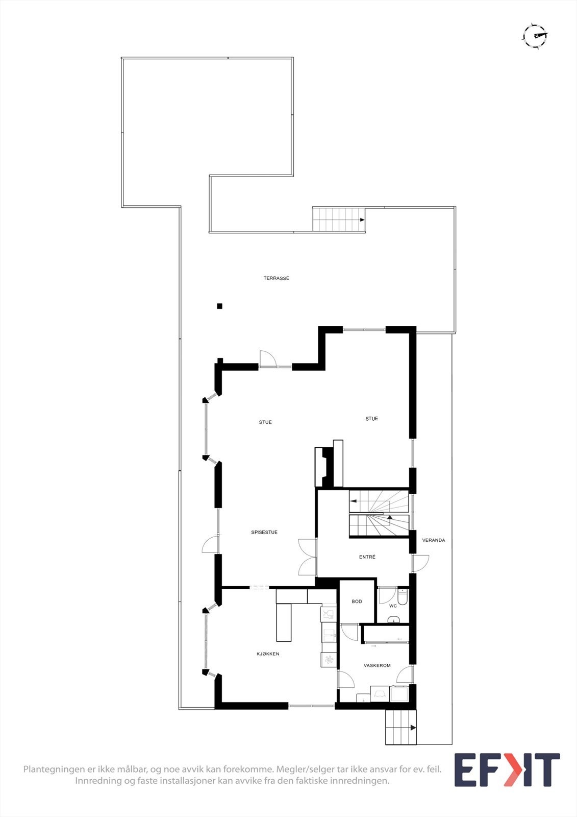 Planløysinga i første etasje viser store, sosiale soner med stove og kjøkken, i tillegg til praktiske rom som vaskerom og toalettrom. Galleribilde