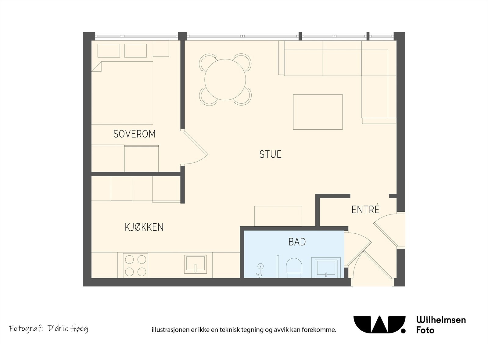 Plantegning - leiligheten inneholder entré, bad, soverom og åpen stue/kjøkkenløsning. Galleribilde