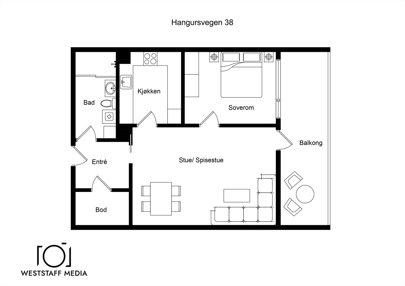 Her kan du se hvordan møblene kan plasseres i henhold til plantegningen. Galleribilde