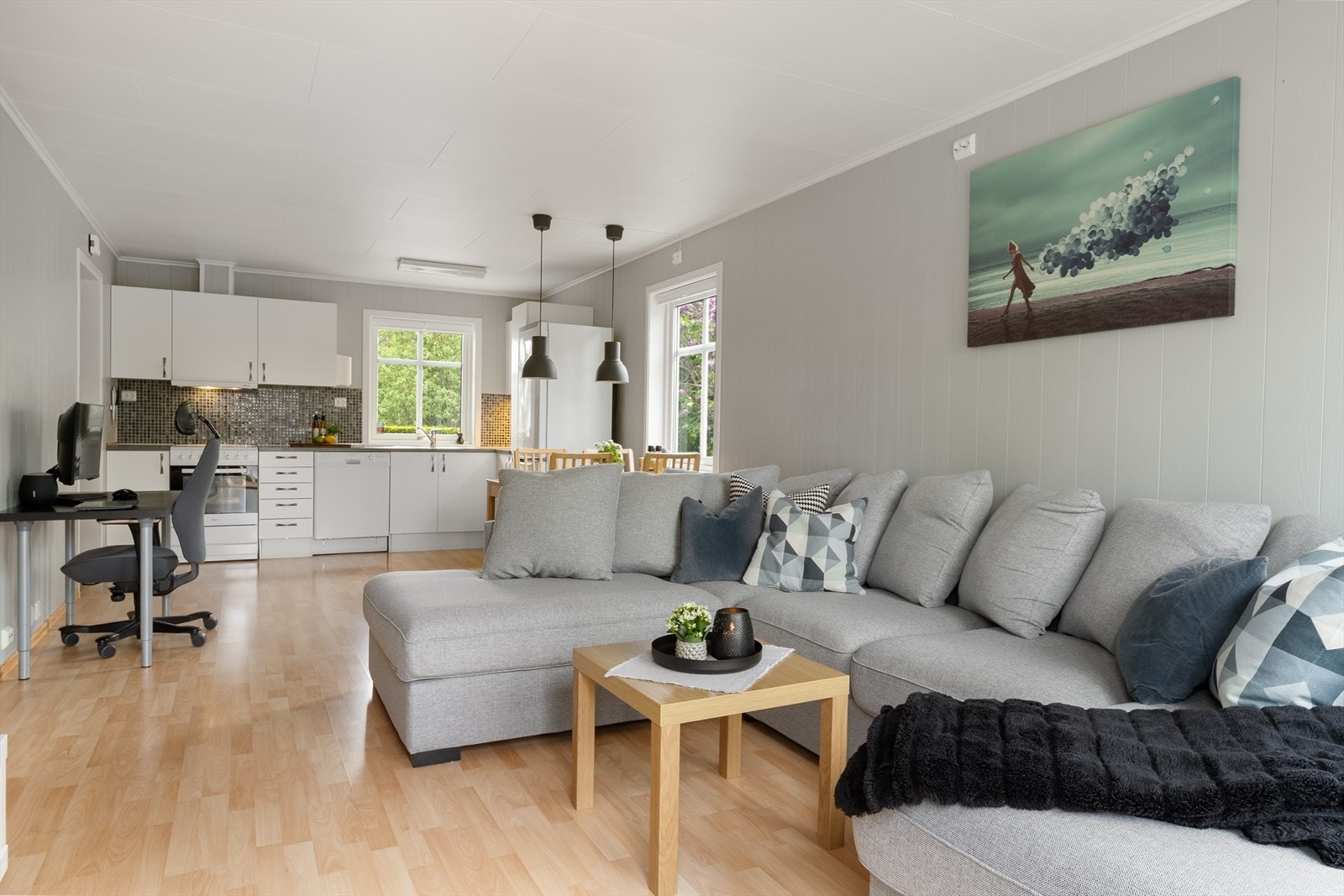 Her er det god plass til både sofagruppe med tilhørende mediamøblement og spisebord i tilknytning til kjøkkenet. Galleribilde