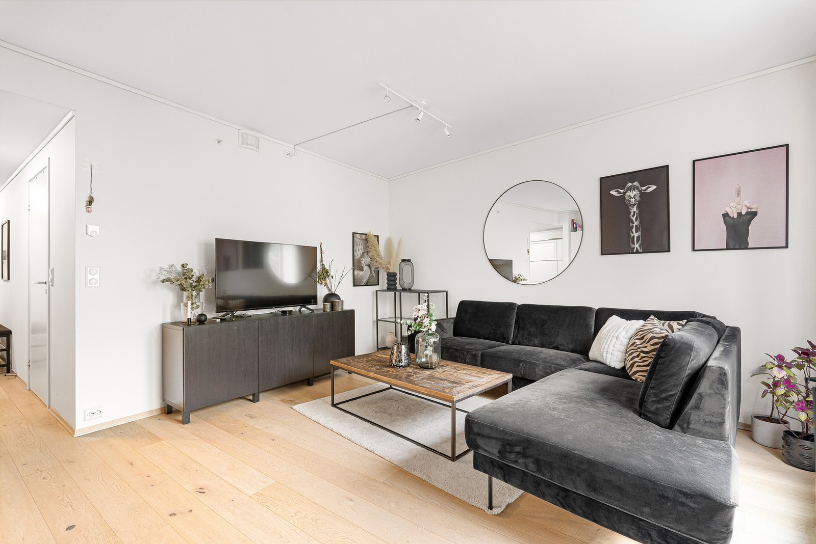 Den praktiske planløsningen gir ypperlige møbleringsmuligheter for både sofagruppe og TV-bord. Galleribilde
