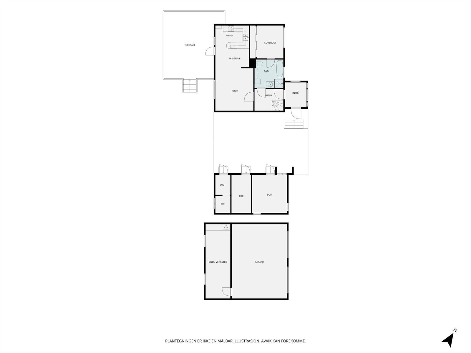 Plantegning 1.etg., uthus og garasje. Galleribilde
