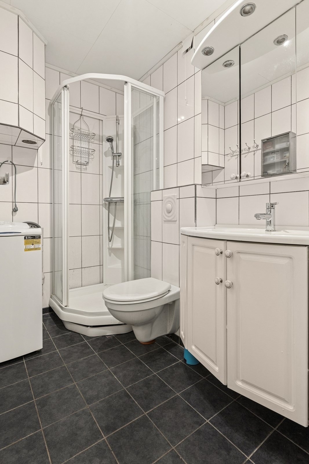 Badet er utstyrt med dusjkabinett, vegghengt toalett og våtromsplater på veggene. Galleribilde