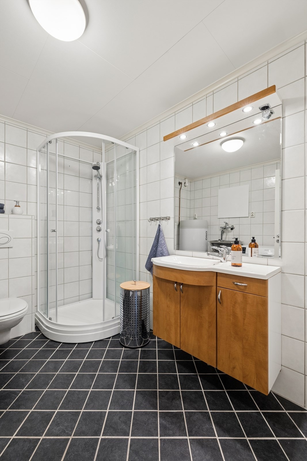 Badet er utstyrt med servant med underskap, speil med belysning og vegghengt toalett, samt dusjkabinett. Galleribilde