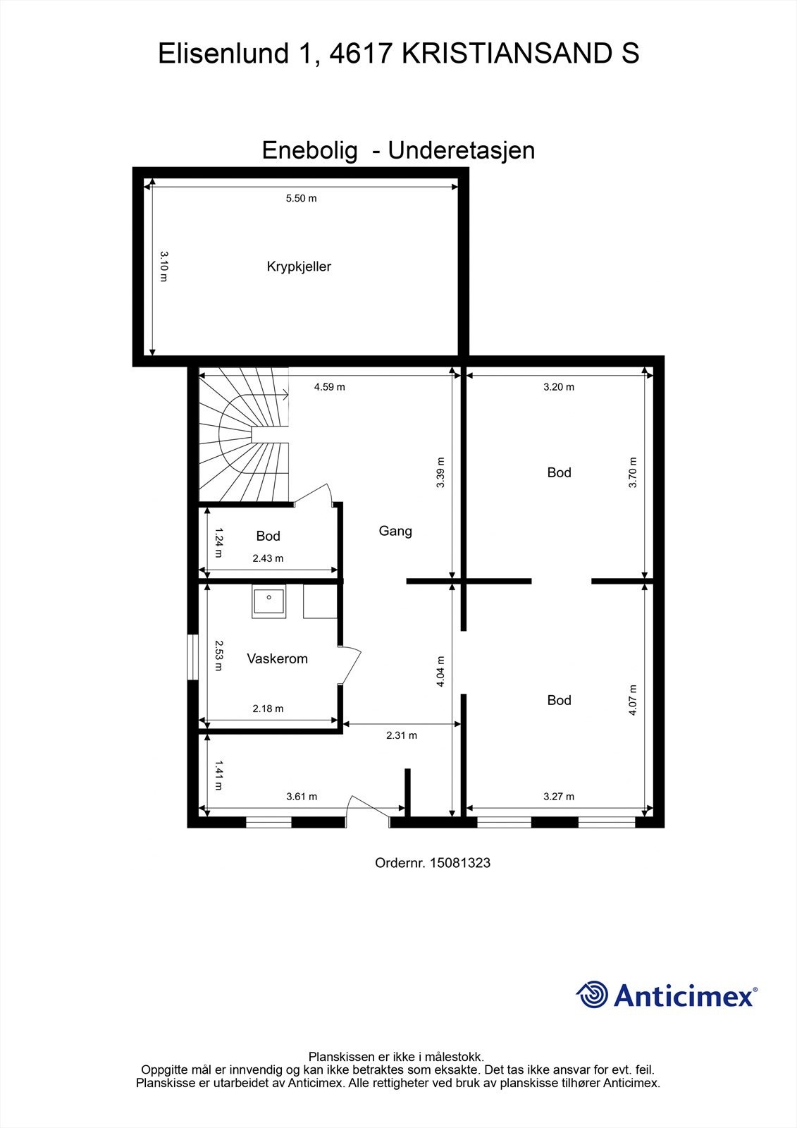 U. Etasje/Kjeller - 2D plantegning med mål Galleribilde