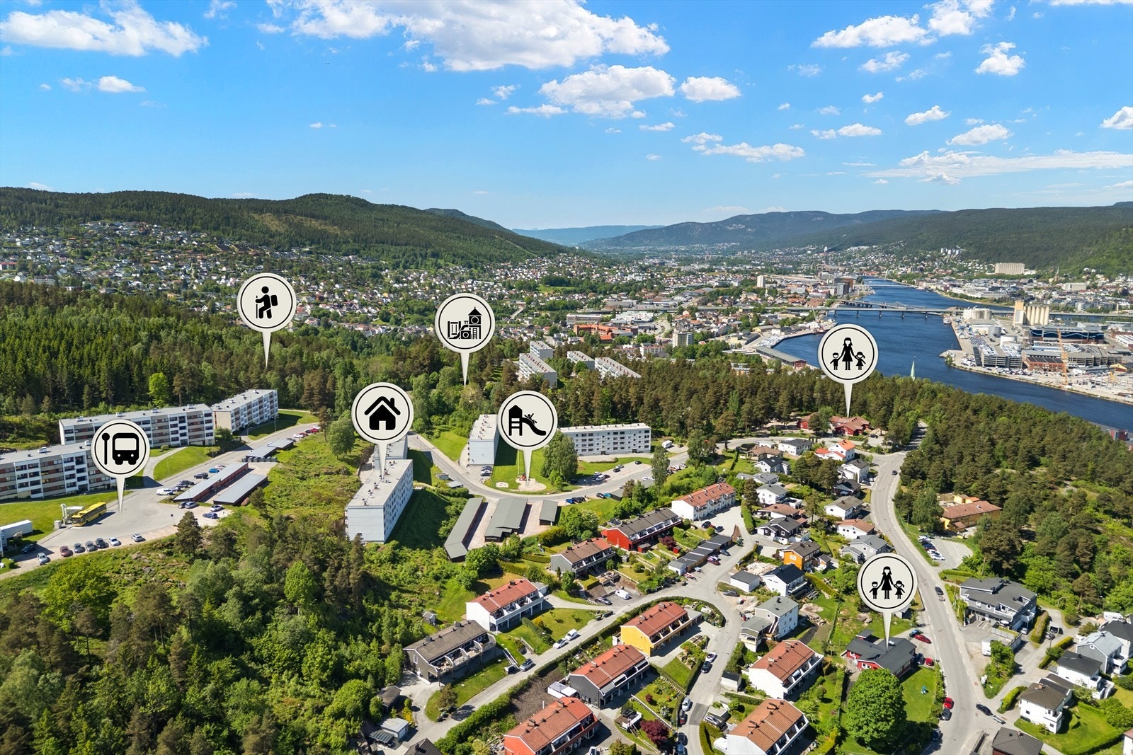 Nærområdet byr på skoler, barnehager, bussholdeplass og lekeplasser innen kort gangavstand. Galleribilde