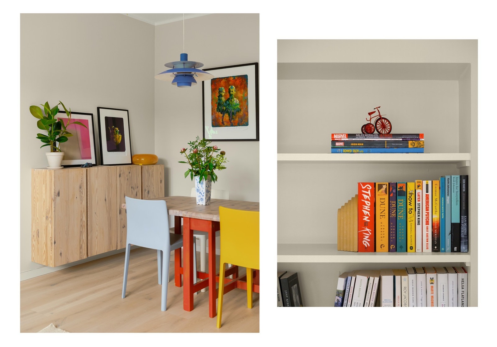 Utformingen på stuen gjør det lett å innrede med egen sone for spisebord. En gammel døråpning gjør i dag nytten som bokhylle. Praktisk og pent! Galleribilde