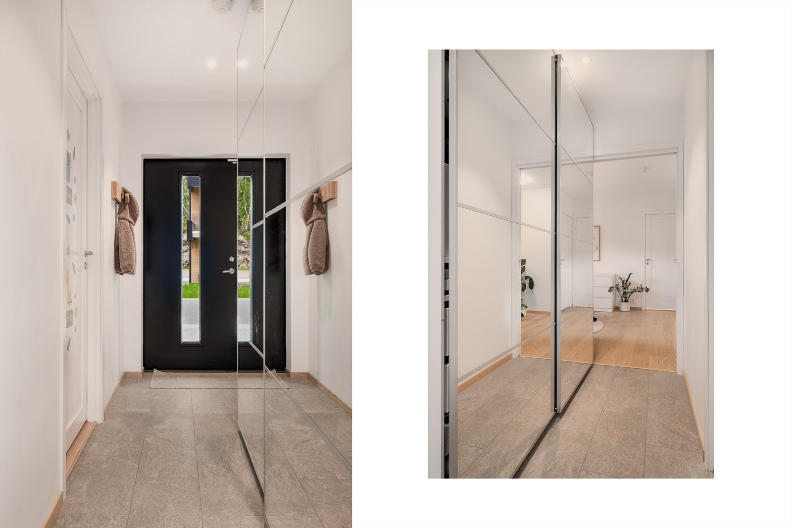 Det første man møter i boligens underetasje er en lys og innbydende entré/gang med fliser og lyse flater. Galleribilde