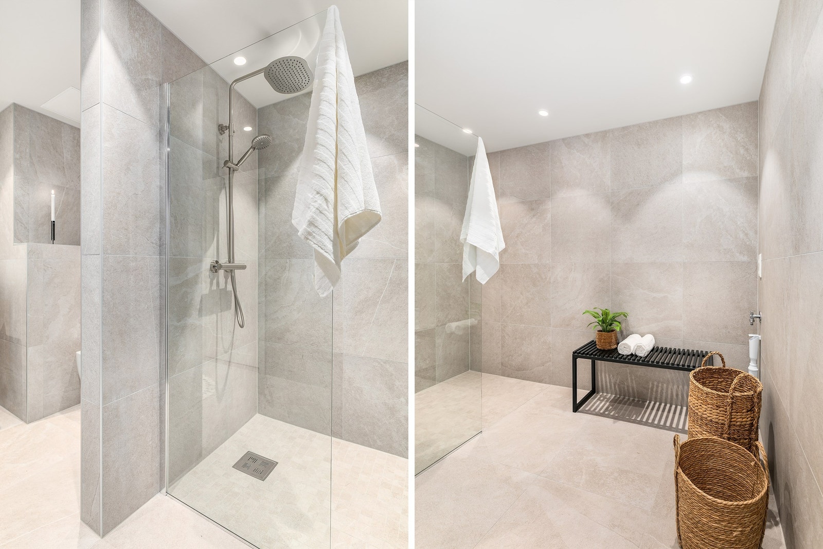 Nye storformat fliser på gulv og vegger gir badet helhet. Himlingen er også ny og nedsenket med innfelte spotter. Galleribilde