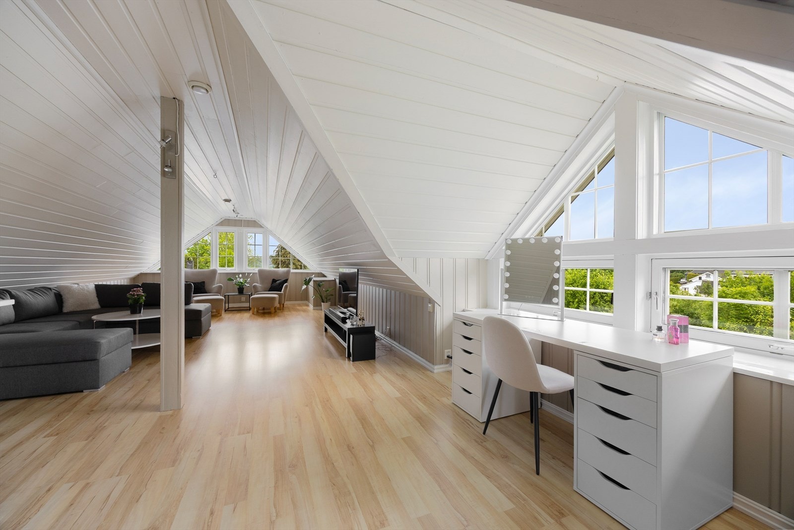 Loftstuen er et fleksibelt rom med plass til flere soner, som sofakrok og arbeidsplass. Galleribilde