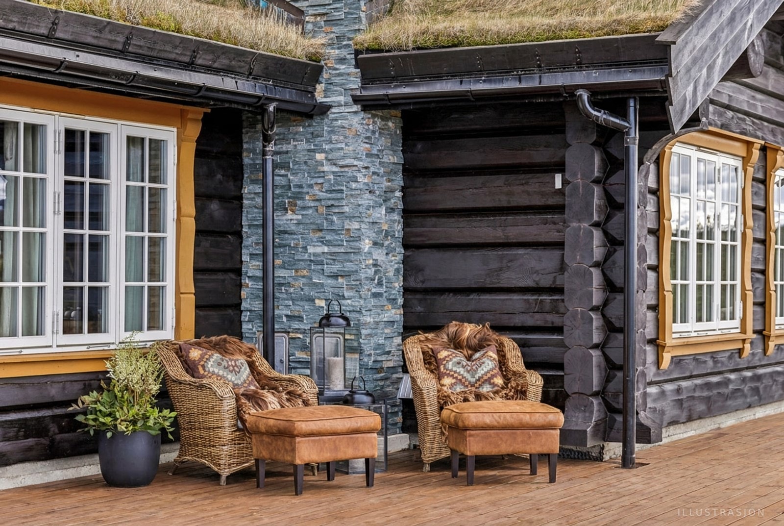 Fra oppholdsrommet er det utgang til en stor terrasse som strekker seg langs hele hyttas langside. Her kan man virkelig nyte de gode solforholdene og utsikten - sommerstid helt frem til kvelden. Galleribilde