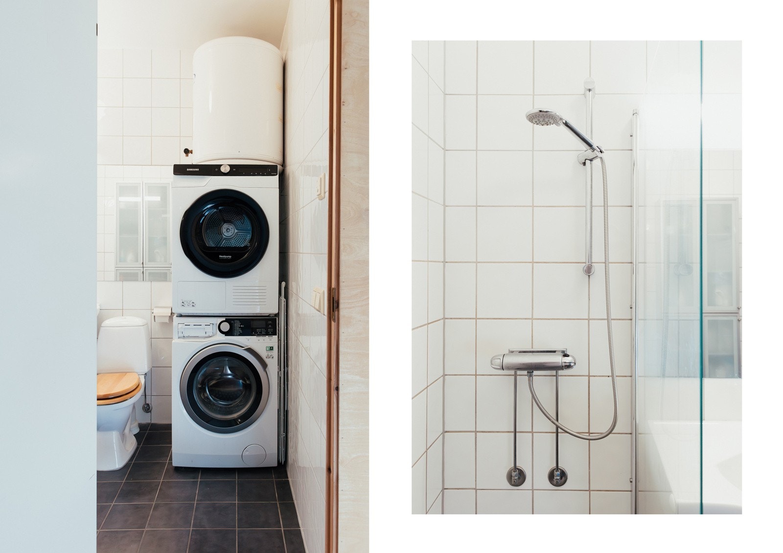 Badet har opplegg for vaskemaskin, plass til tørketrommel og varmtvannstank som er plassert i høyden. Selgers private foto