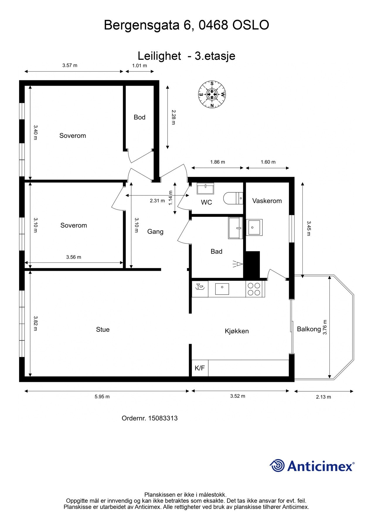 Leiligheten ligger i byggets 3. etasje (inngang fra bakgård) og inneholder: Entré, stue, kjøkken med utgang til balkong, 2 soverom, vaskerom og baderom. Galleribilde
