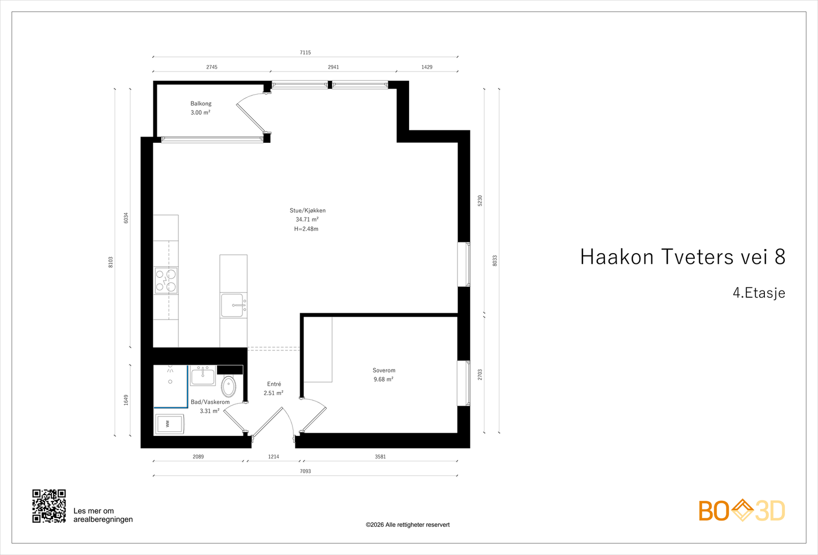 Plantegning - Hjørneleiligheten ligger i 4. etasje og har en god planløsning Galleribilde
