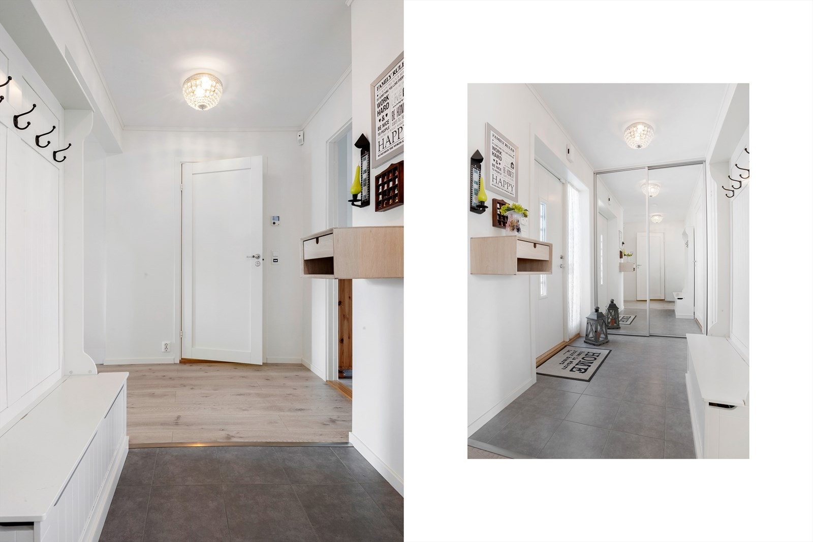 Innbydende entré med god plass til oppbevaring av yttertøy og sko. Skyvedørsgarderobe med speilfronter gir rikelig med lagringsplass og en god romfølelse. Galleribilde