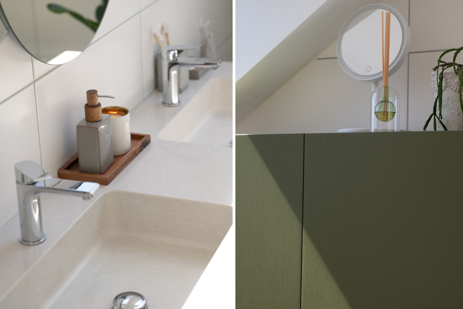Badet har en lekker heldekkende Silestone servant, dusjhjørne med svingdører og veggmontert toalett. Eksklusiv baderomsinnredning fra danske Dansani. Galleribilde