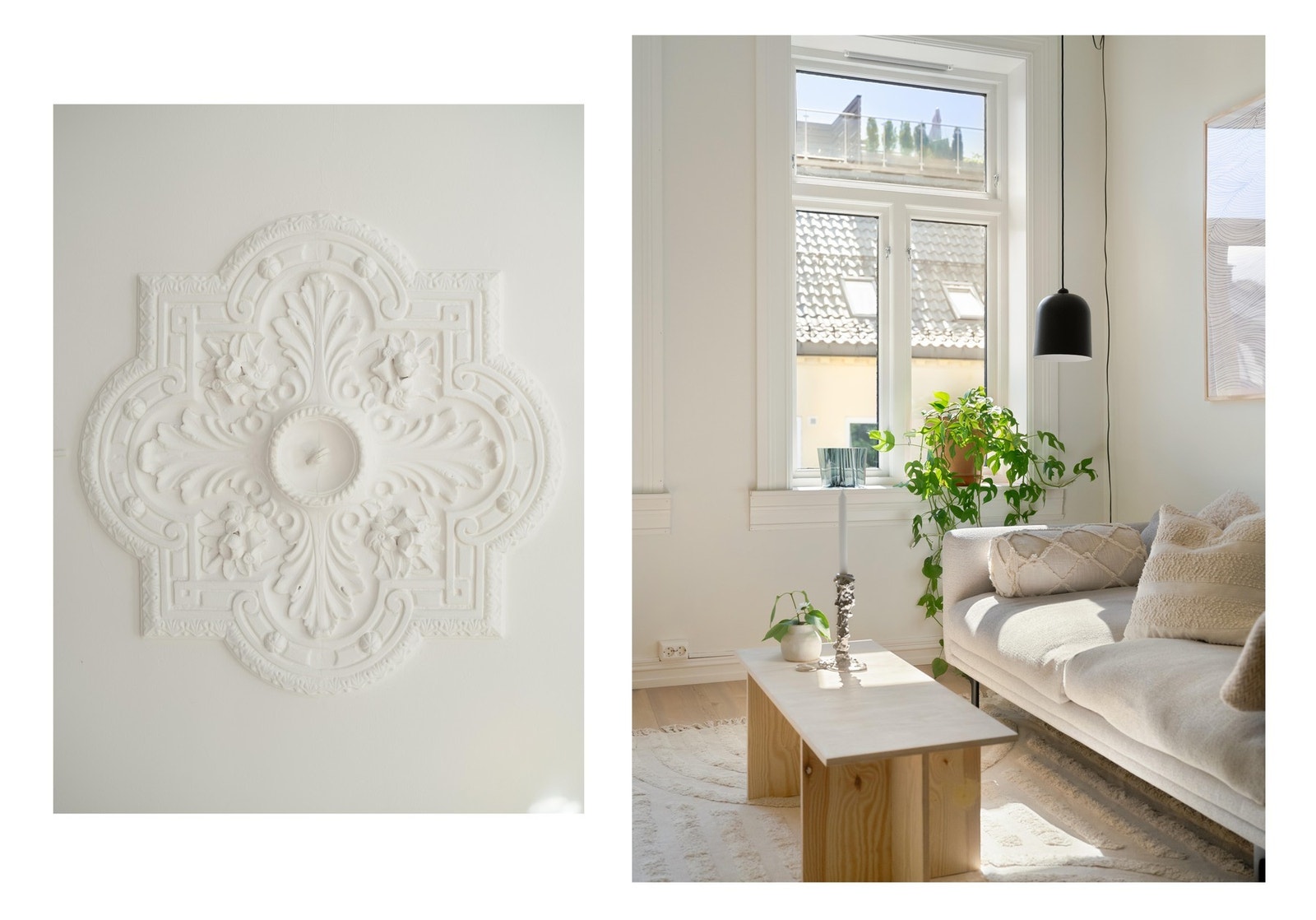 Legg merke til de klassiske detaljene som setter sitt preg på leiligheten. Her får du en flott kombinasjon av rosett og stukkatur i himlingen, god takhøyde og dype vinduskarmer. Galleribilde
