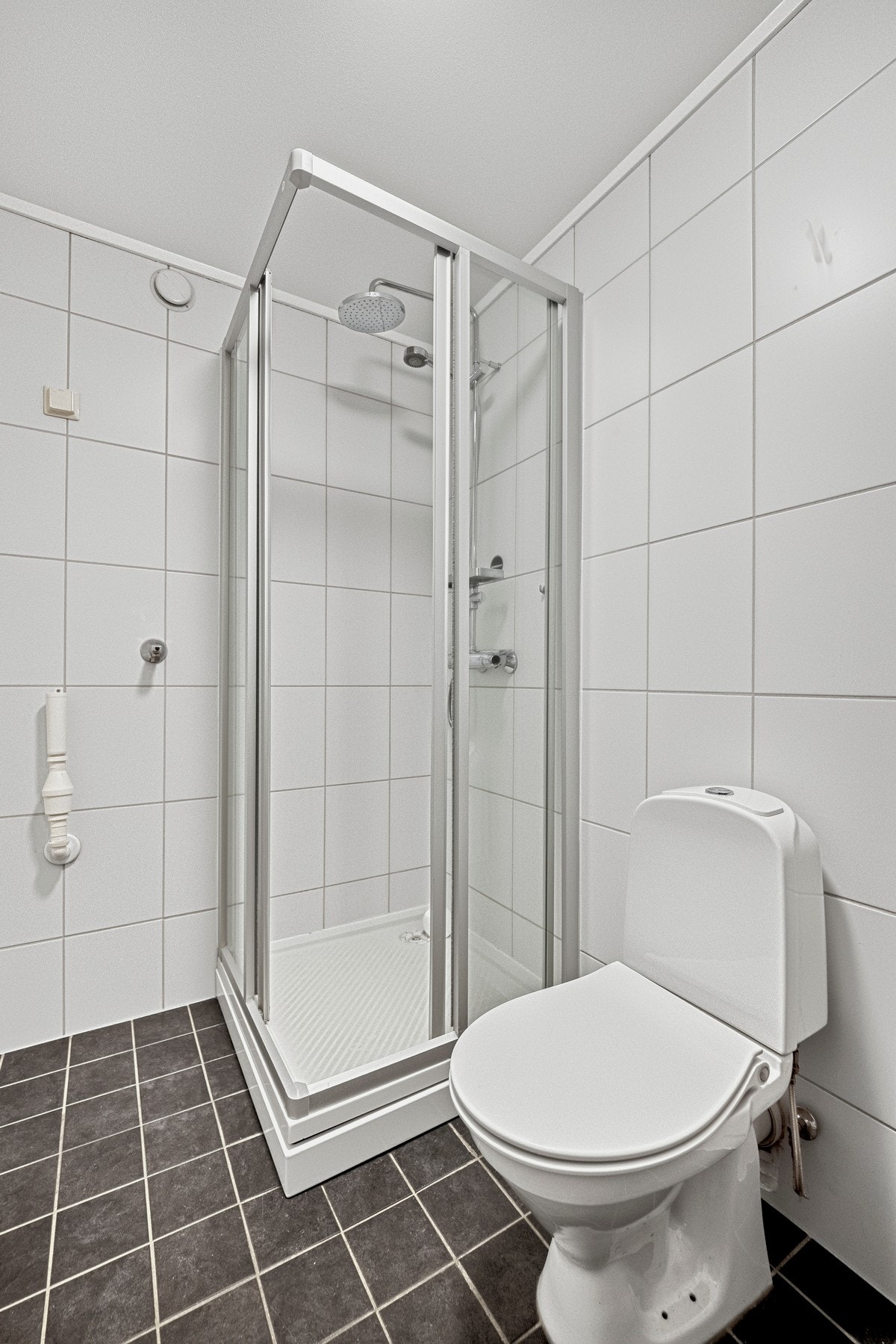 Badet er utstyrt med toalett, opplegg for vaskemaskin og et dusjkabinett med regnfallsdusj. Galleribilde