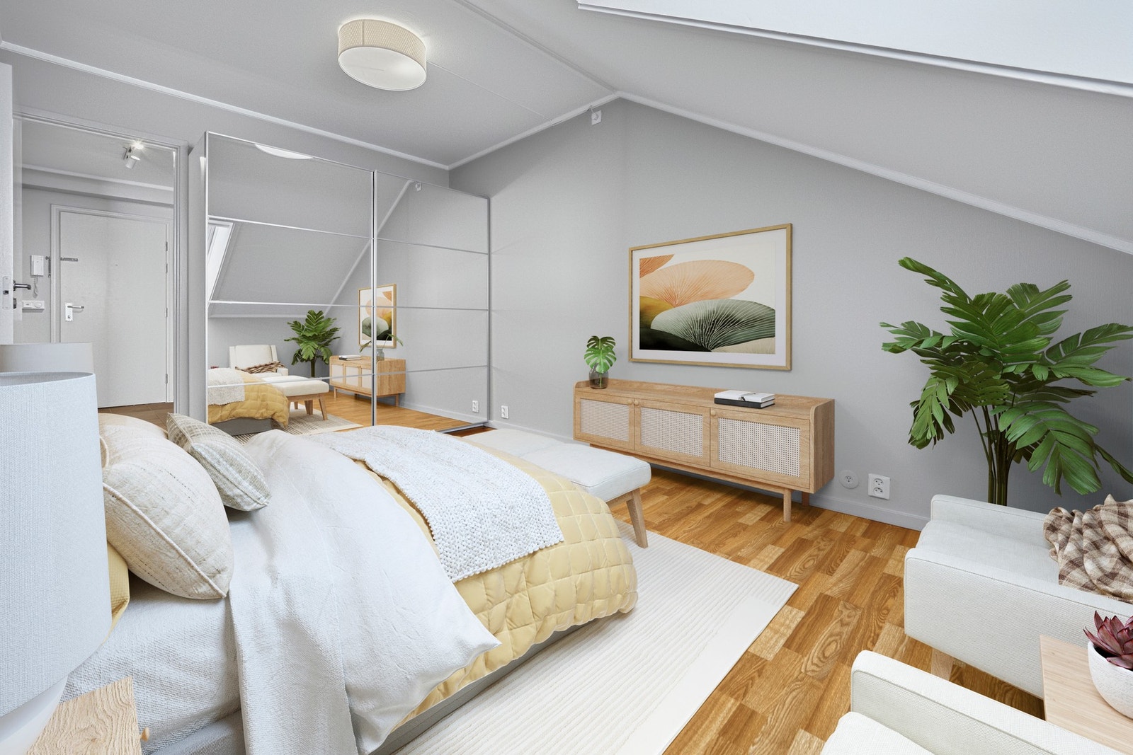 På hovedsoverommet er det god oppbevaringsplass i en romslig skyvedørsgarderobe. (digitalt stylet bilder) Galleribilde