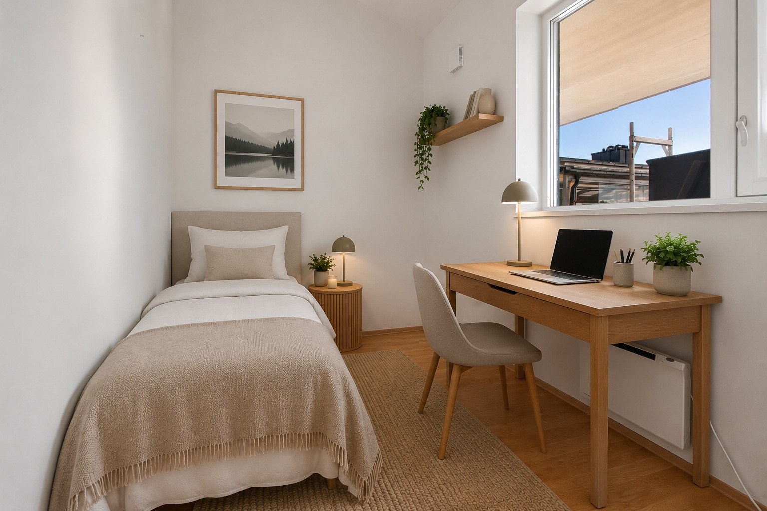 Soverom med stor vindu som gir gode lysforhold. Digital styling (AI) Galleribilde