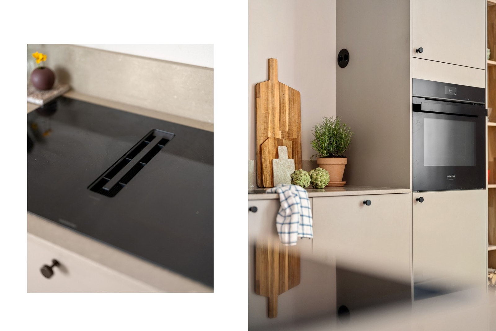 Innredningen har glatte, folierte fronter, benkeplate med underlimt kum i kompositt/plast og malt vegg over benkeplaten. Galleribilde