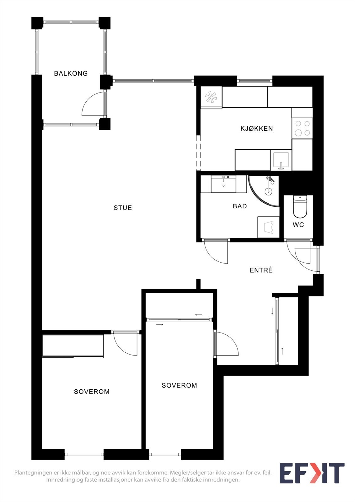 Planløsningen på 69 m² er arealeffektiv med to gode soverom, separat kjøkken, bad og et praktisk, adskilt toalettrom. Galleribilde