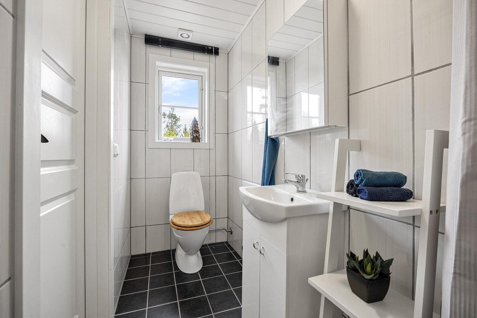 Hytta har to moderne bad, det største med adkomst fra stue/kjøkken og det andre med adkomst fra entreen. Bildet viser det minste badet. Galleribilde