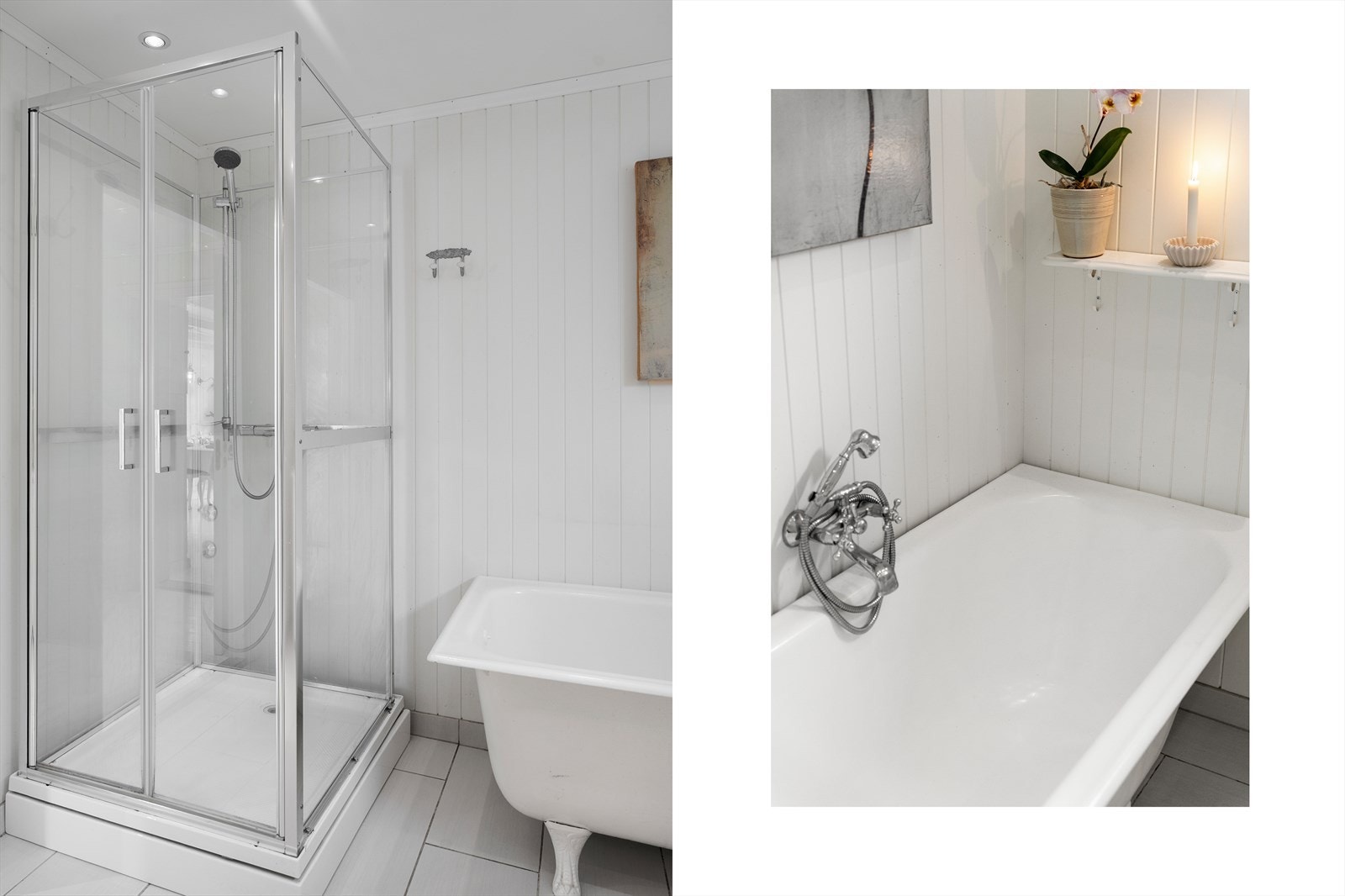 Det er på badet vegghengt toalett fra 2012, dusjkabinett fra 2022, opplegg for vaskemaskin, plass til tørketrommel samt passende og pen baderomsinnredning til eneboligen. Galleribilde
