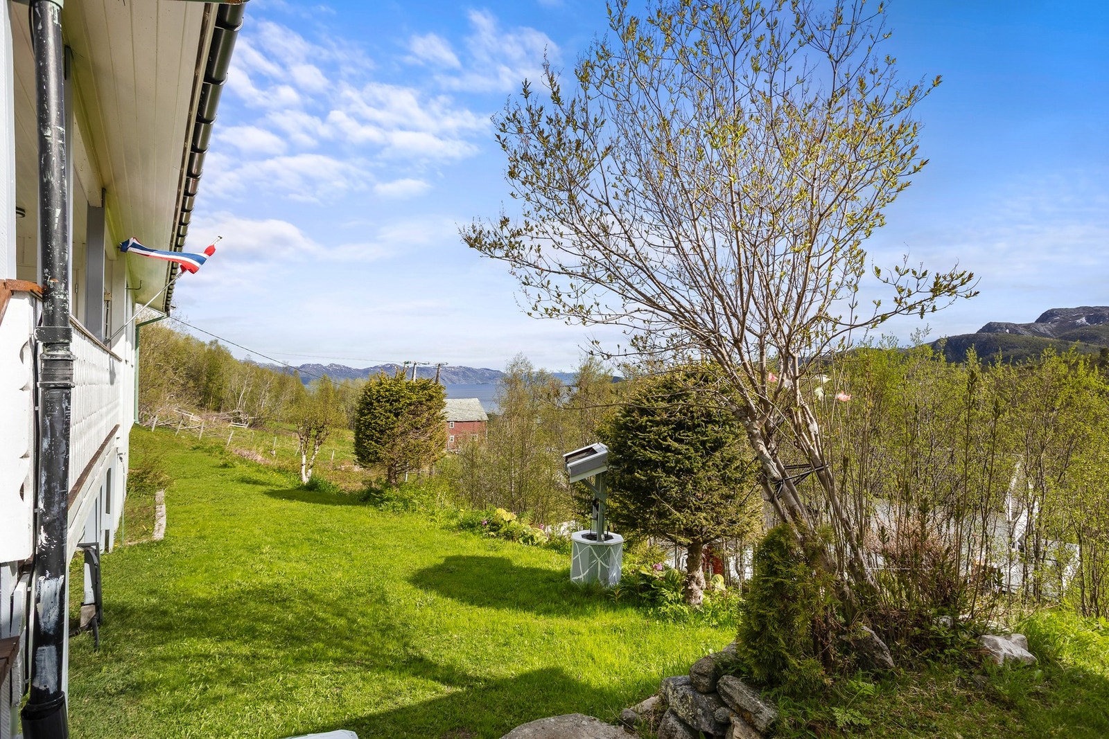 Stor, skrånende tomt med plen og beplantning. Galleribilde