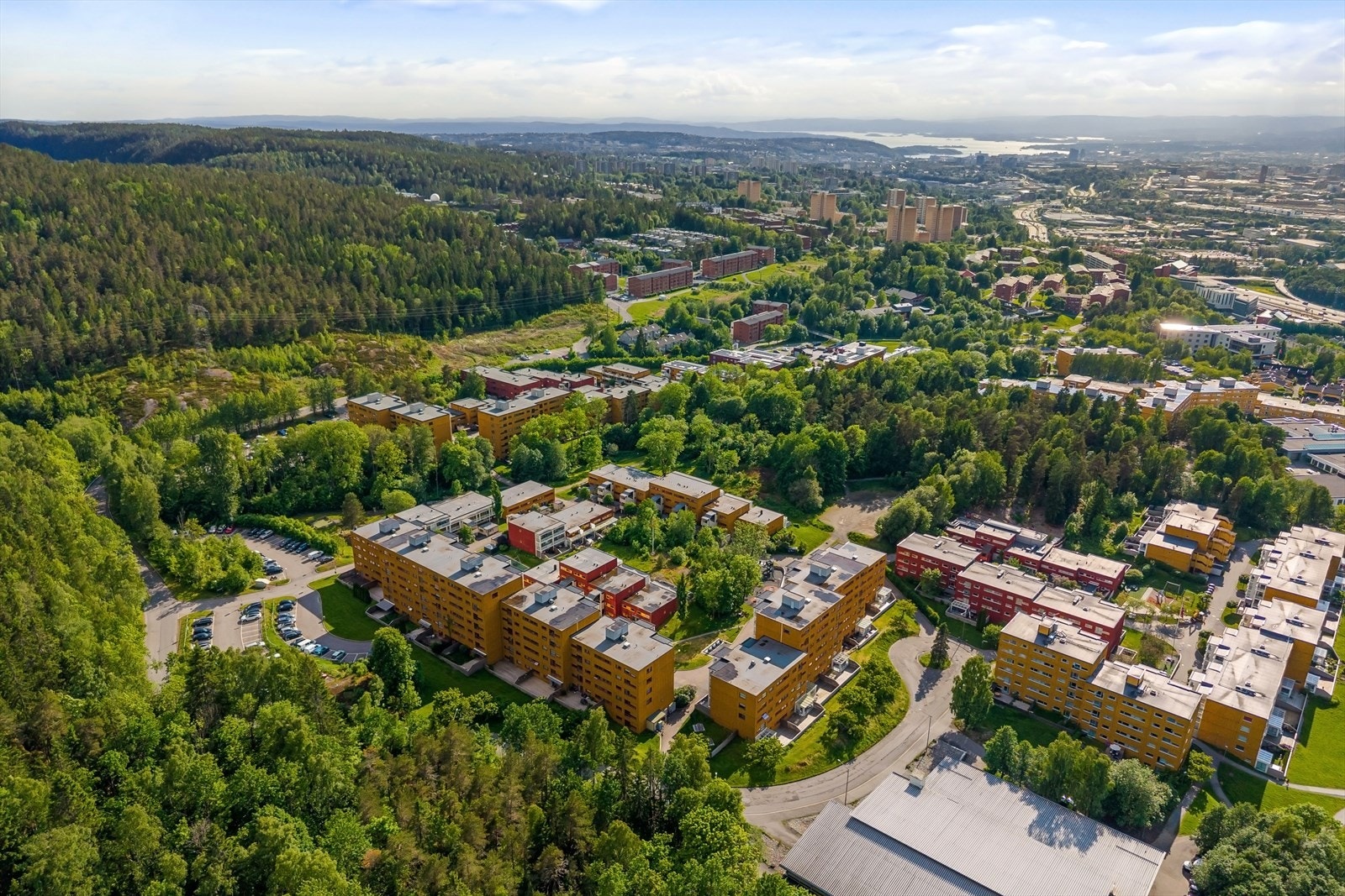 Oversiktsbilde av Furua borettslag med grønne omgivelser og attraktiv beliggenhet. Galleribilde