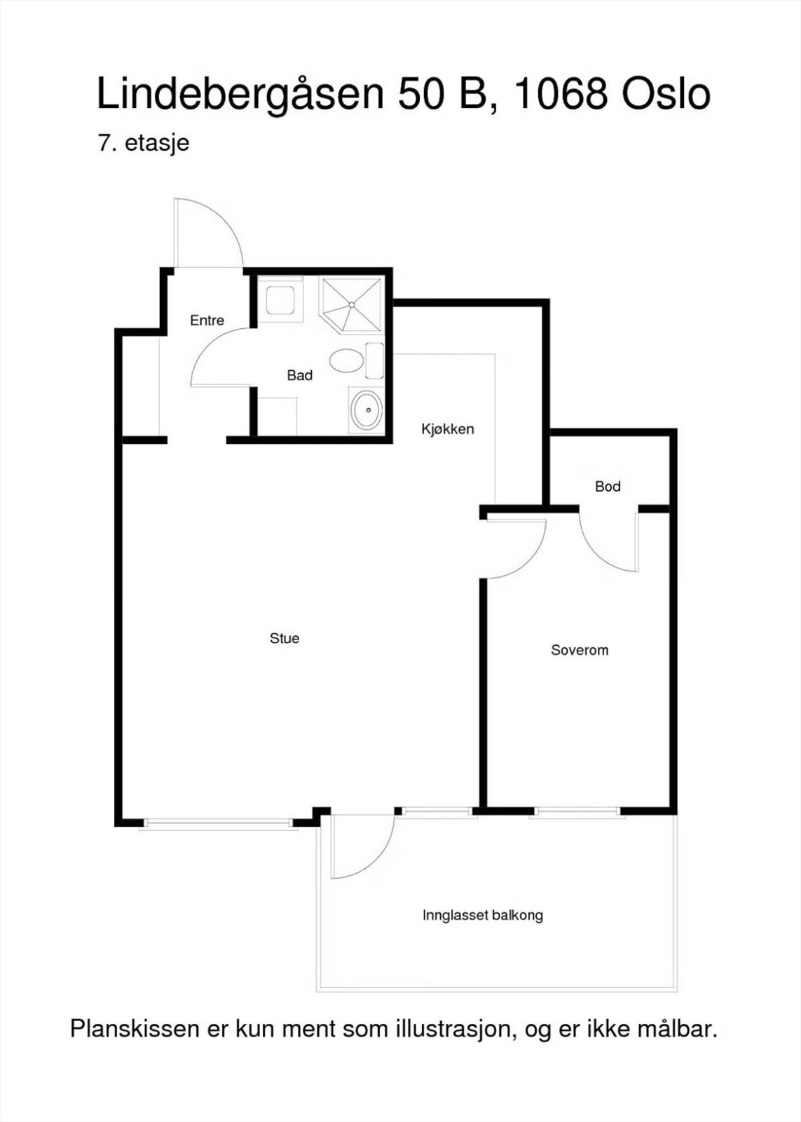 Plantegningen består av entré, stue, kjøkken, soverom, bad og innglasset balkong. Galleribilde