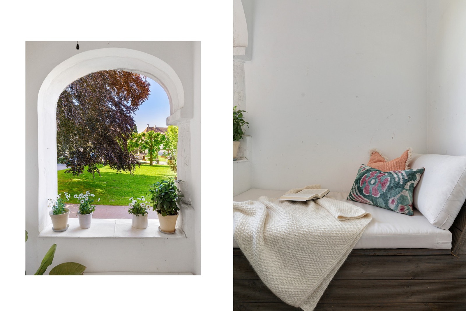 Balkongen er på ca. 2,4 m² med en daybed og skreddersydde puter. Balkongen vender mot syd. Galleribilde