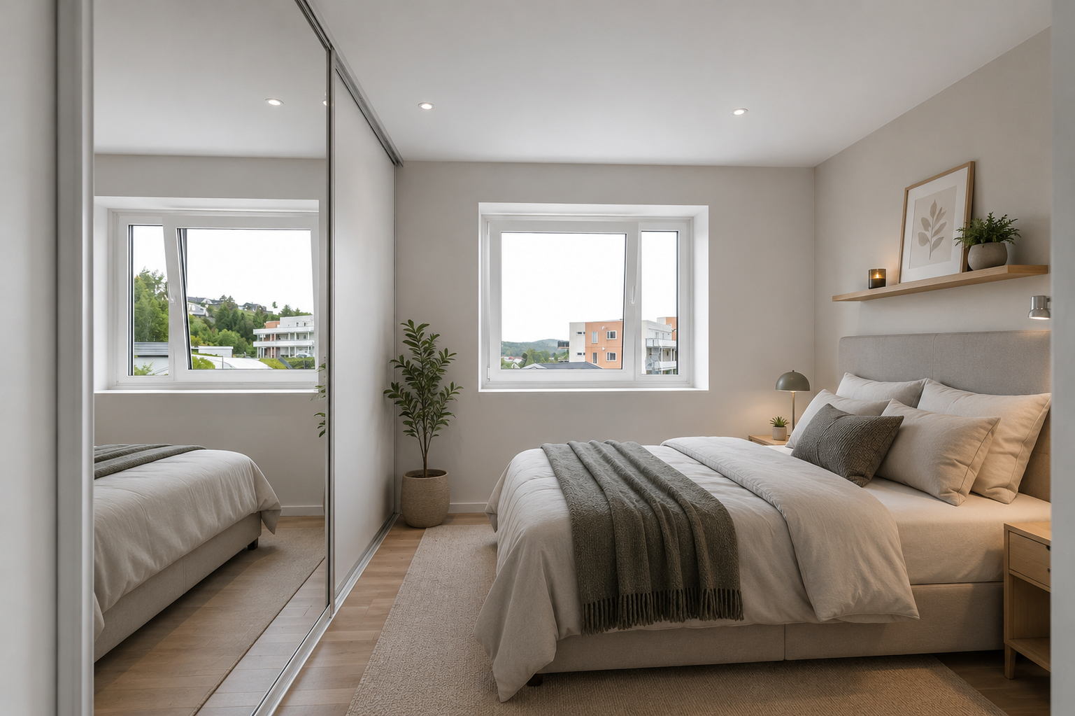 Soverom 1 med plass til dobbeltseng og praktisk skyvedørsgarderobe. Bildet er digitalt innredet. Galleribilde