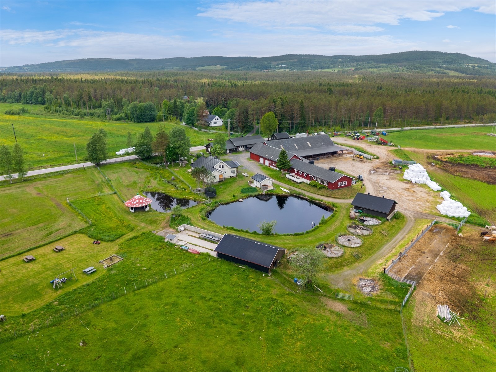 Oversikt over det innholdsrike gårdstunet og de omkringliggende jordene. Galleribilde