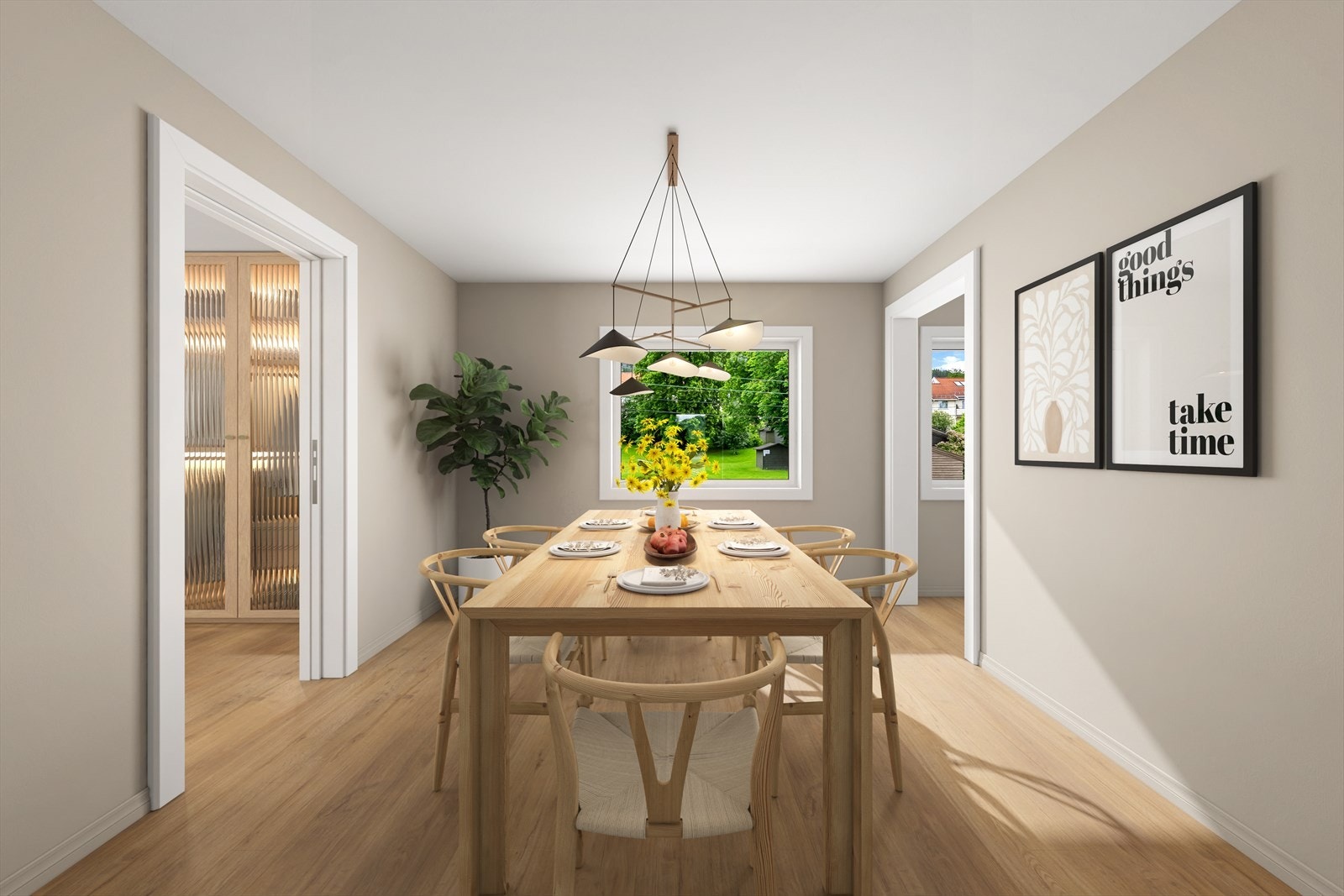 Spisestuen kan bli en lys og innbydende sone for måltider med familie og venner. (Til inspirasjon. Bildet er redigert ved hjelp av KI) Galleribilde