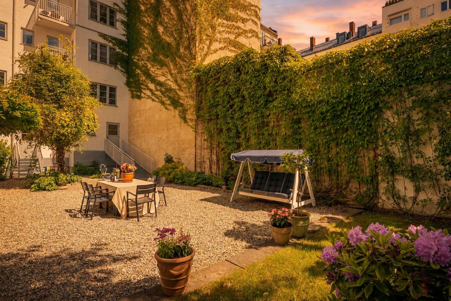 Kveldsstemning i bakgården. KI-redigert bilde, avvik kan forekomme. Galleribilde