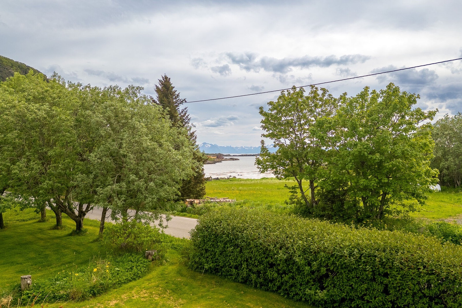 Utsikt fra eiendommen mot grønne omgivelser og sjøen. Galleribilde
