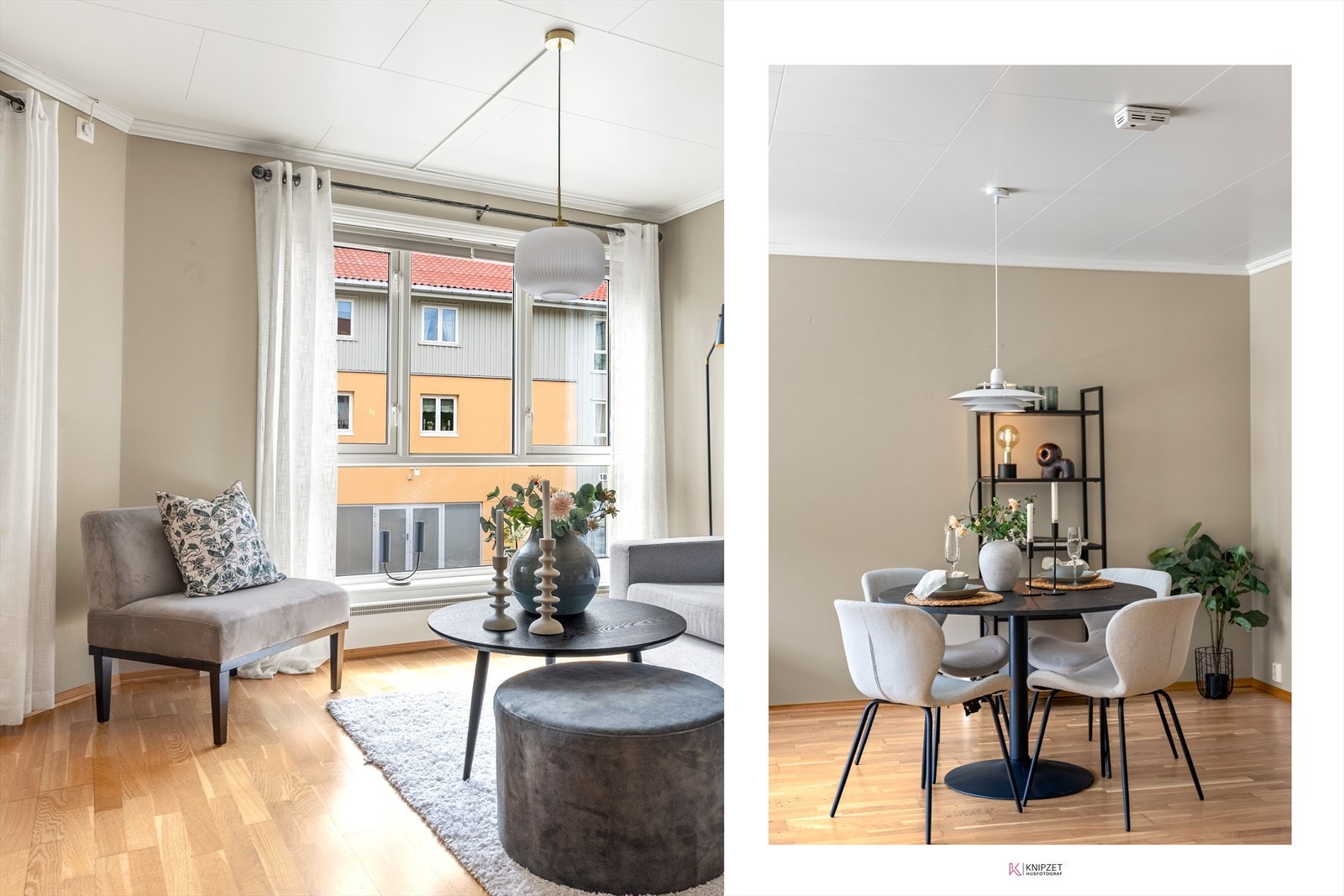 Her er det plass til både sofagruppe og spisebord i stuen. Galleribilde